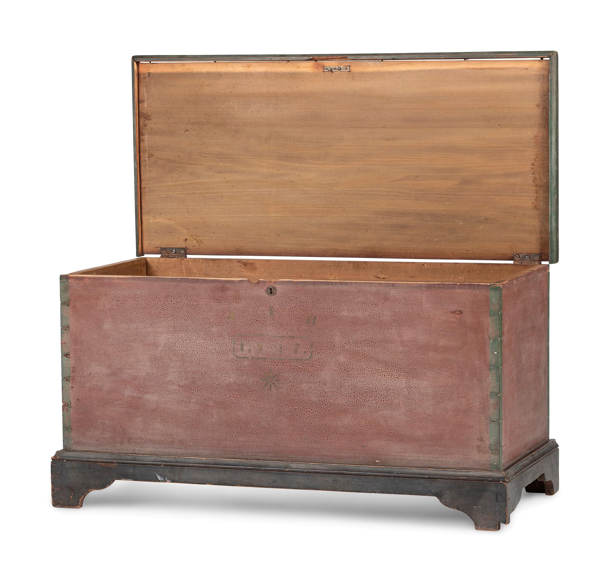 An Ohio Mennonite Red and Green Painted Stencil-Decorated Poplar Blanket Chest
