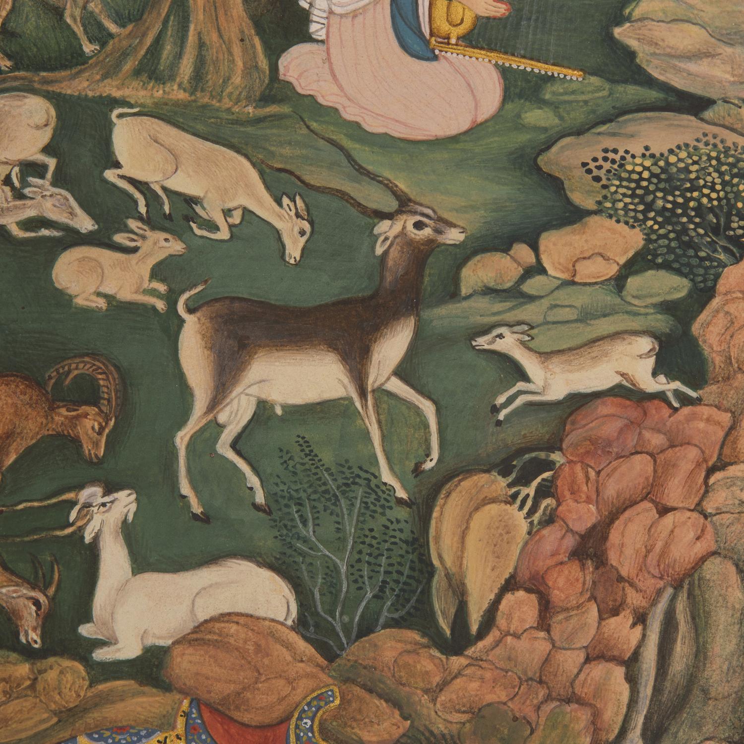 A Fine Painting After the Mogul Folio: King Bahram Gur Sees a Herd of Deer Mesmerized by Dilaram’s Music, North India, 20th Century