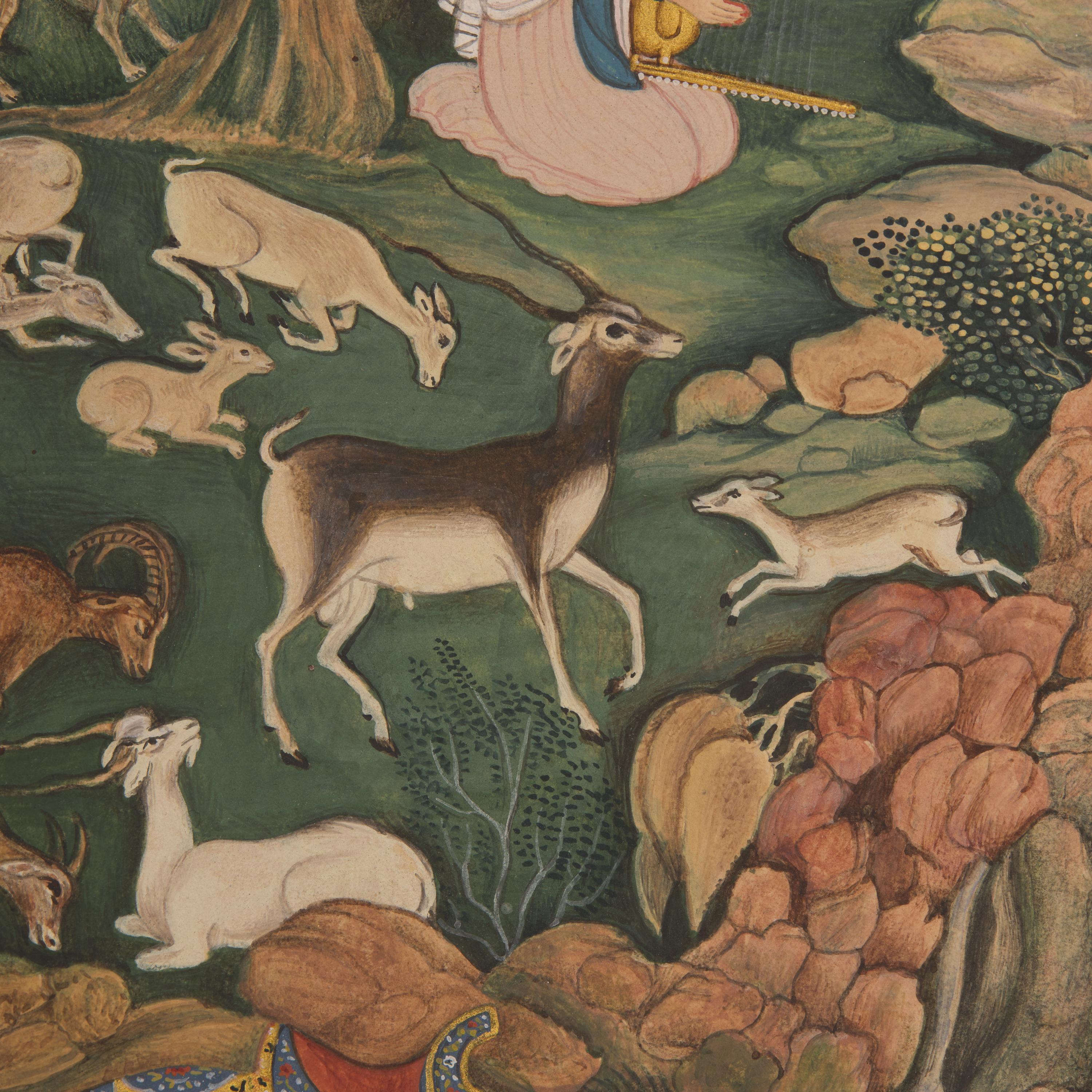 A Fine Painting After the Mogul Folio: King Bahram Gur Sees a Herd of Deer Mesmerized by Dilaram’s Music, North India, 20th Century
