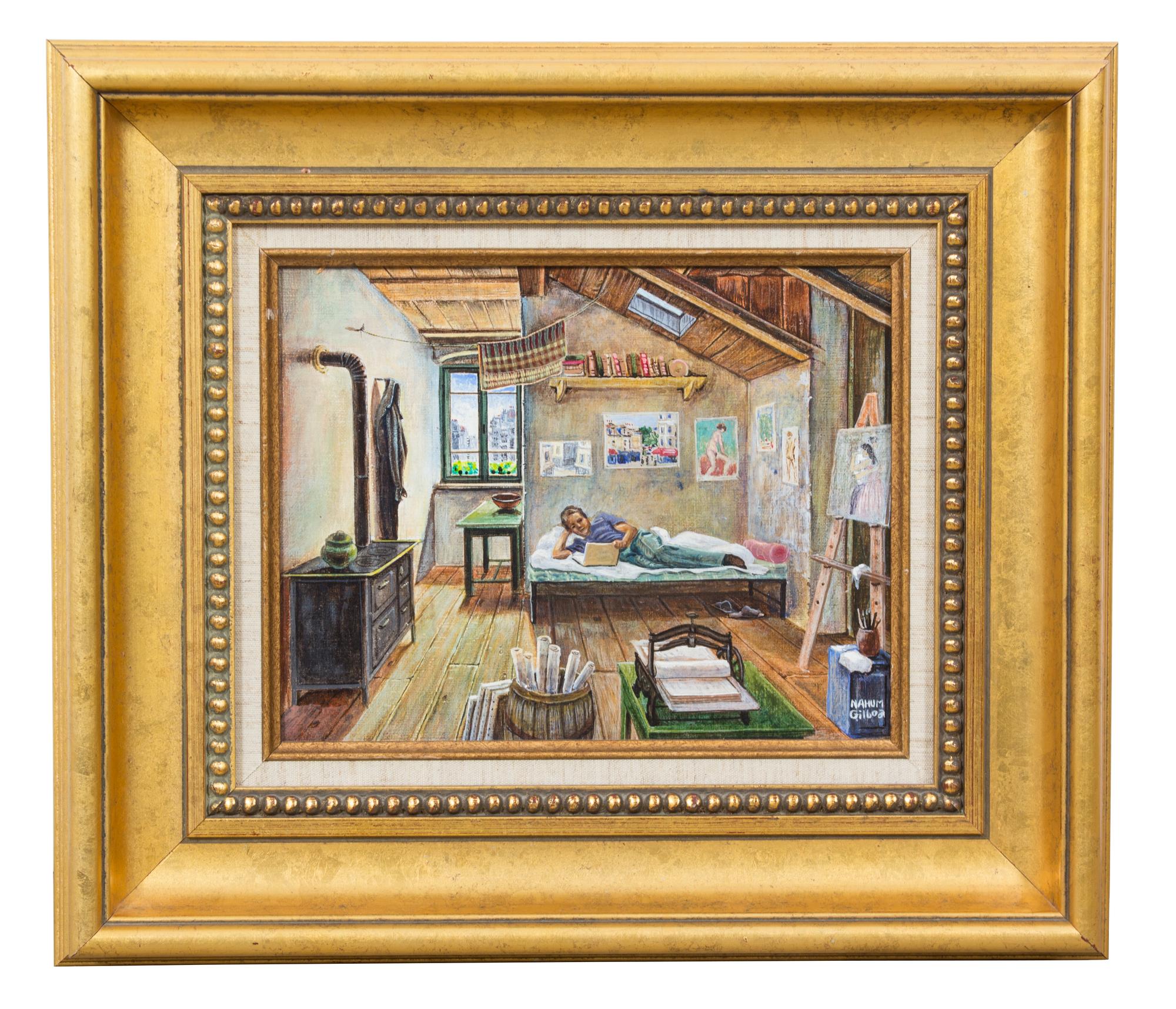 Nahum Gilboa (Bulgarian/Israeli, 1917-1976) In the Artist's Studio oil on panel ...