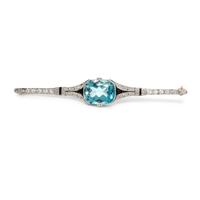 ART DECO, AQUAMARINE, DIAMOND AND ONYX BROOCH