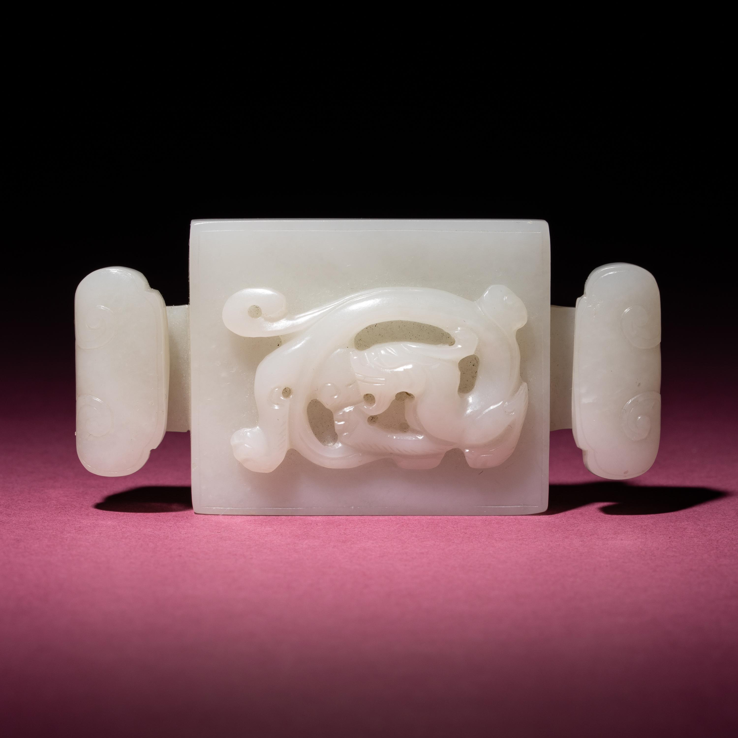A Chinese Carved White Jade 'Dragon' Belt Hook, 18th Century — 清中期 白玉螭龍紋帶扣