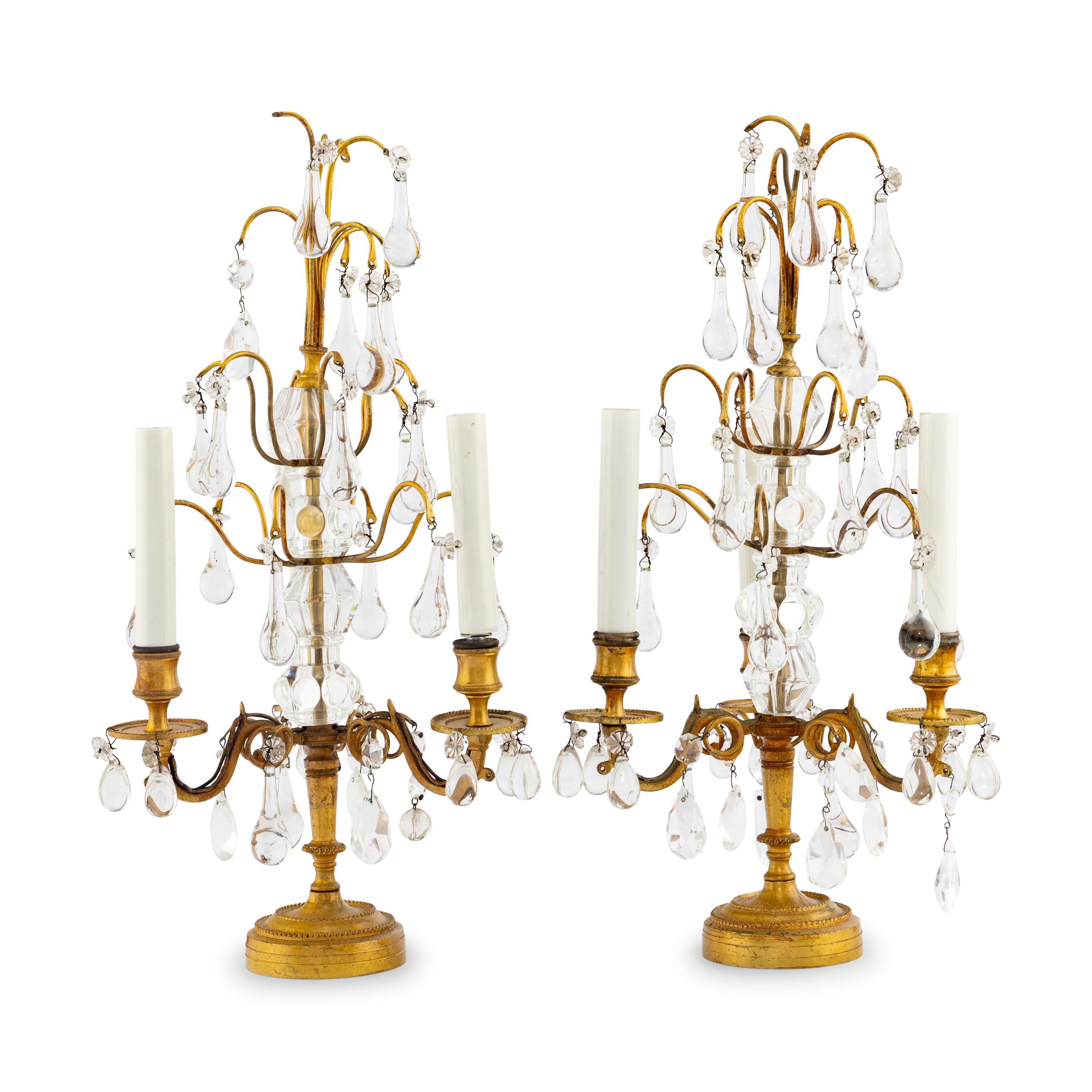A Pair of French Gilt Metal and Cut-Glass Girandoles