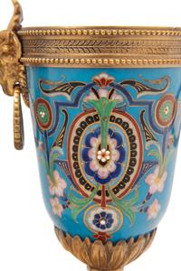 A Pair of Continental Gilt Bronze and Enamel Urns