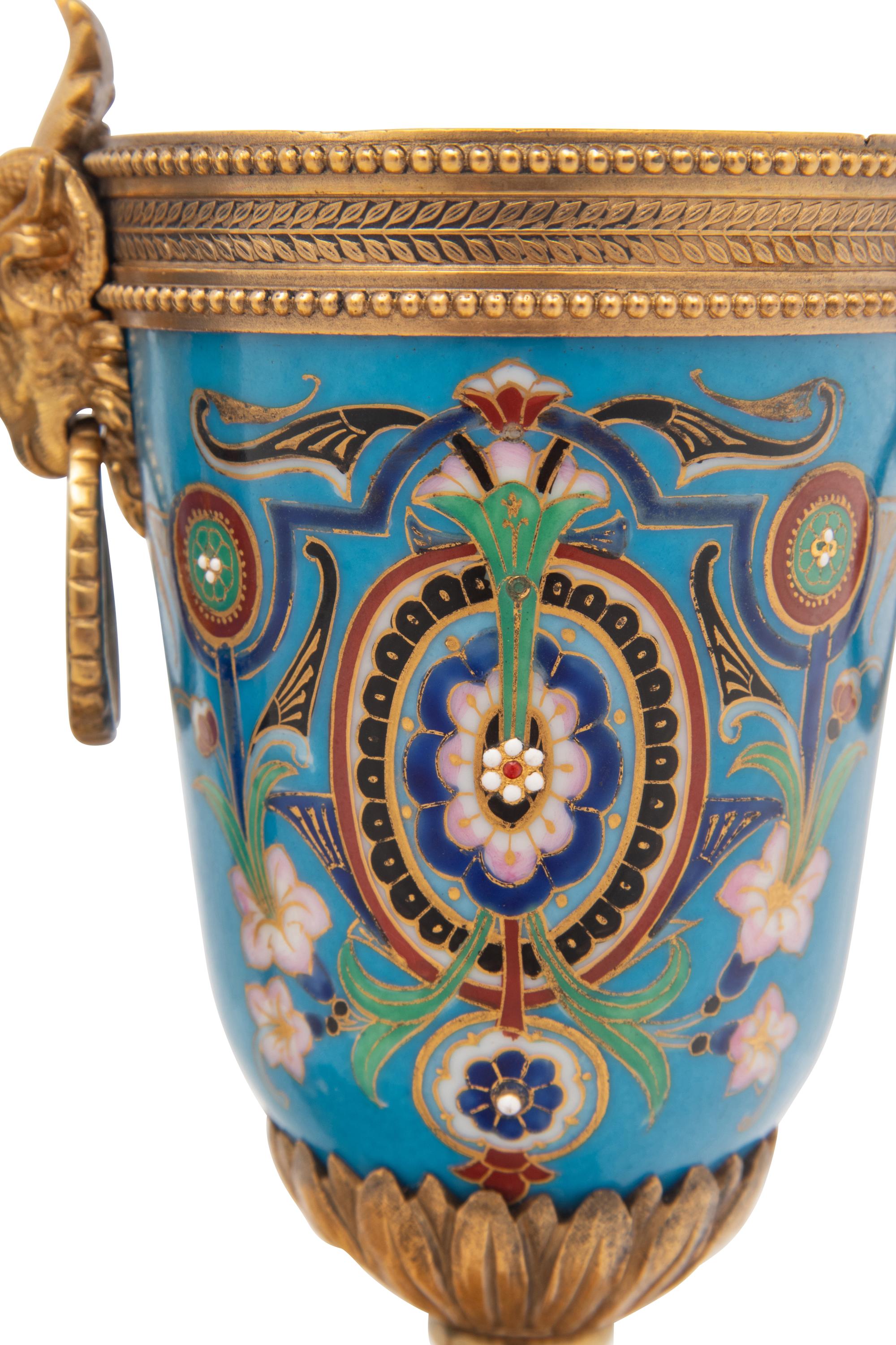 A Pair of Continental Gilt Bronze and Enamel Urns