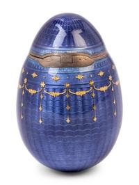 A Norwegian Silver-Gilt and Gold-Inlaid Guilloché Enamel Egg-Form Box of Russian Imperial Interest