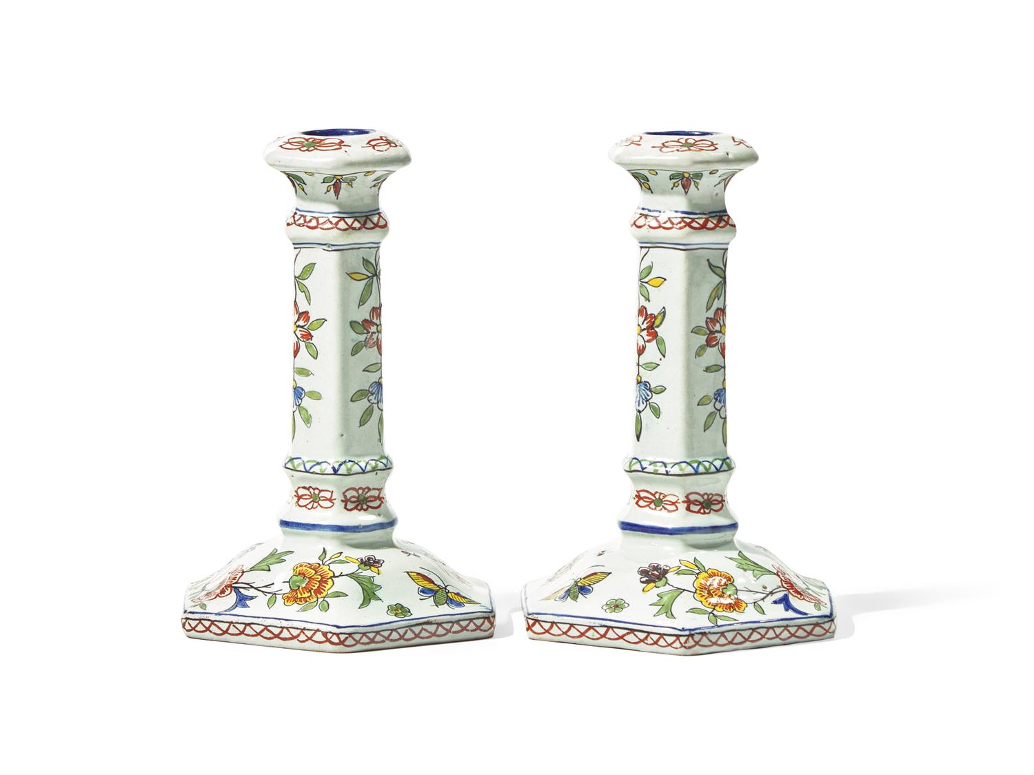 A Pair of French Faience Polychrome Candlesticks