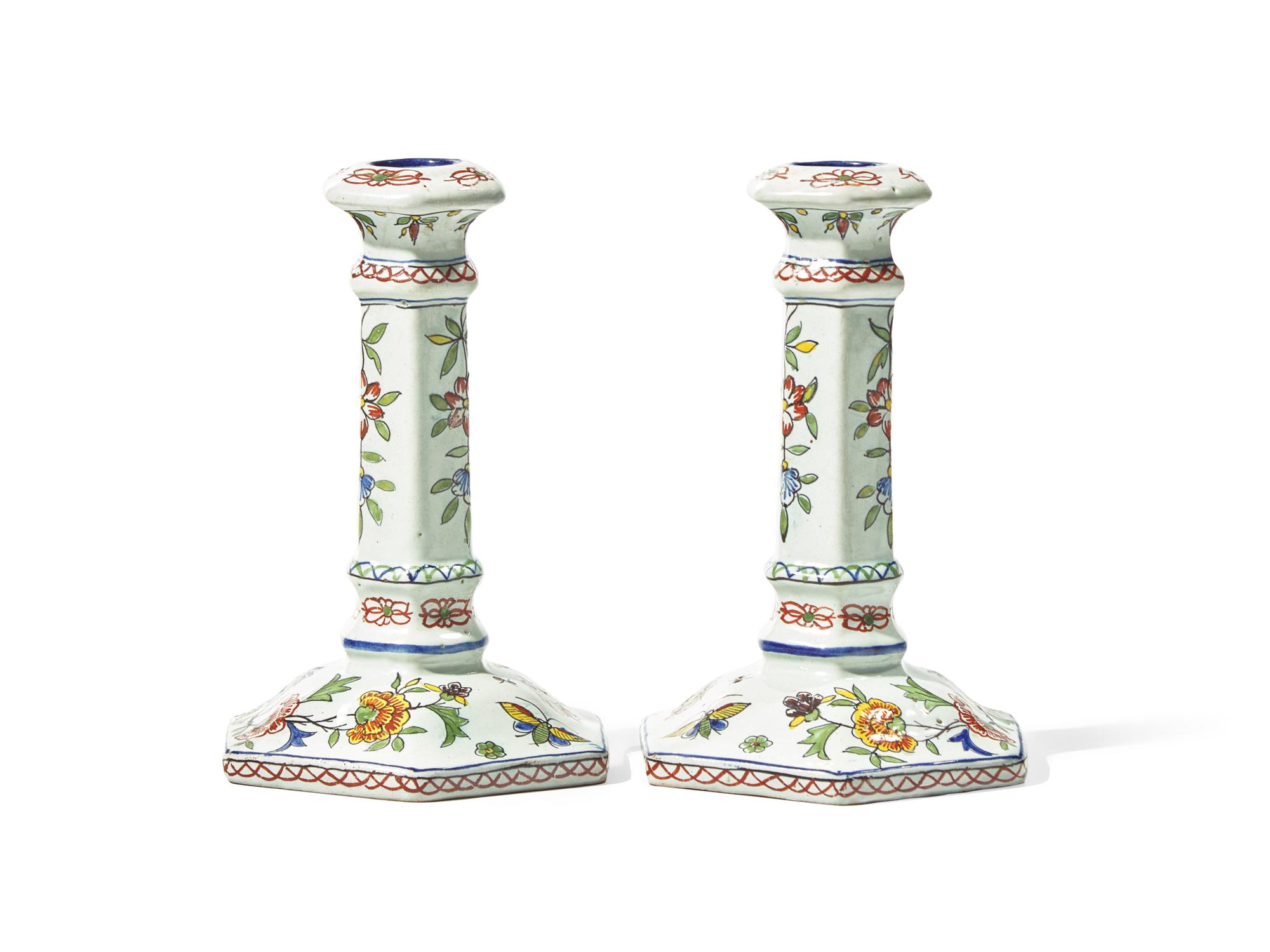 A Pair of French Faience Polychrome Candlesticks