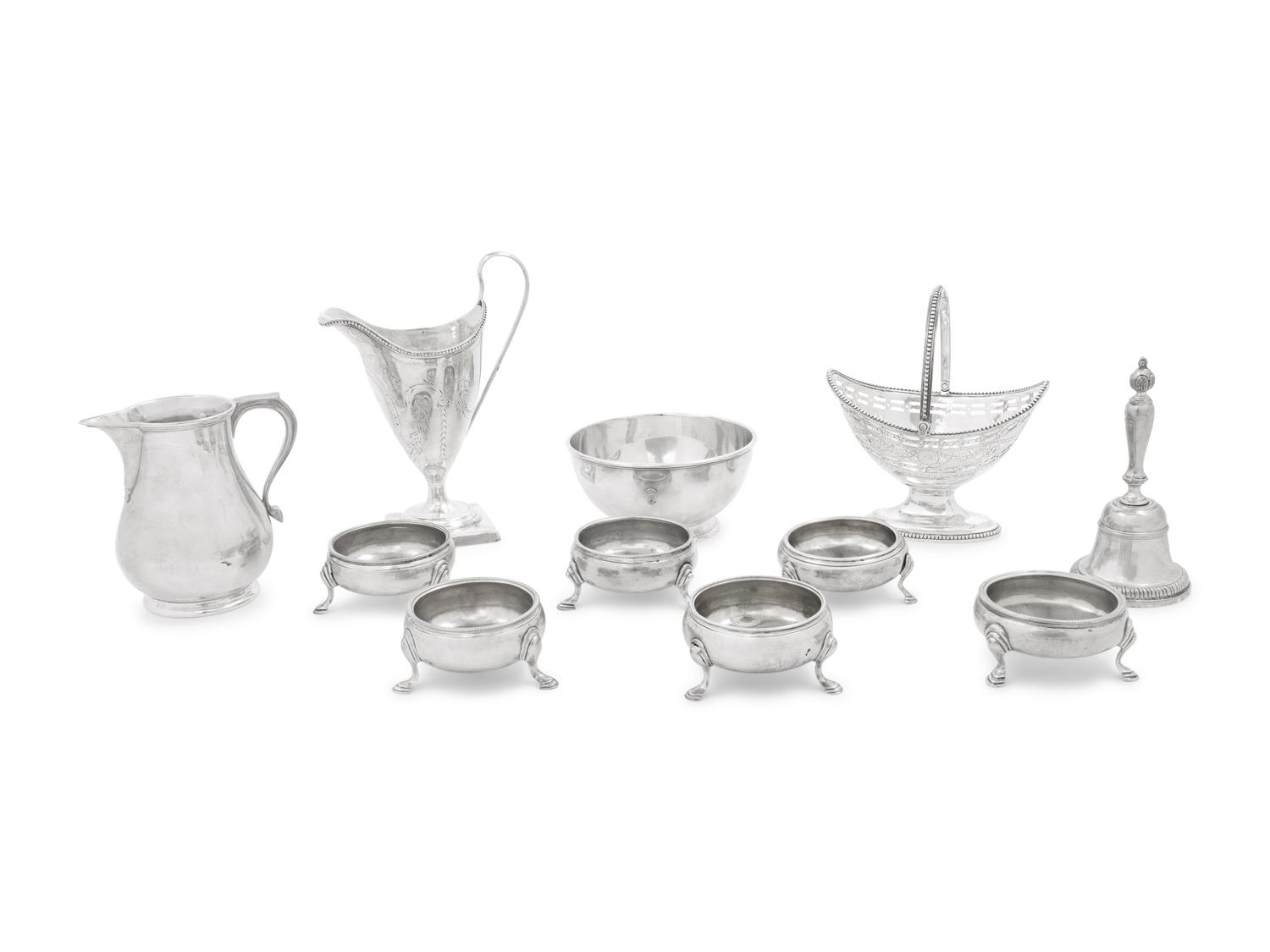Six English Silver Open Salts with Five Other English Silver Articles