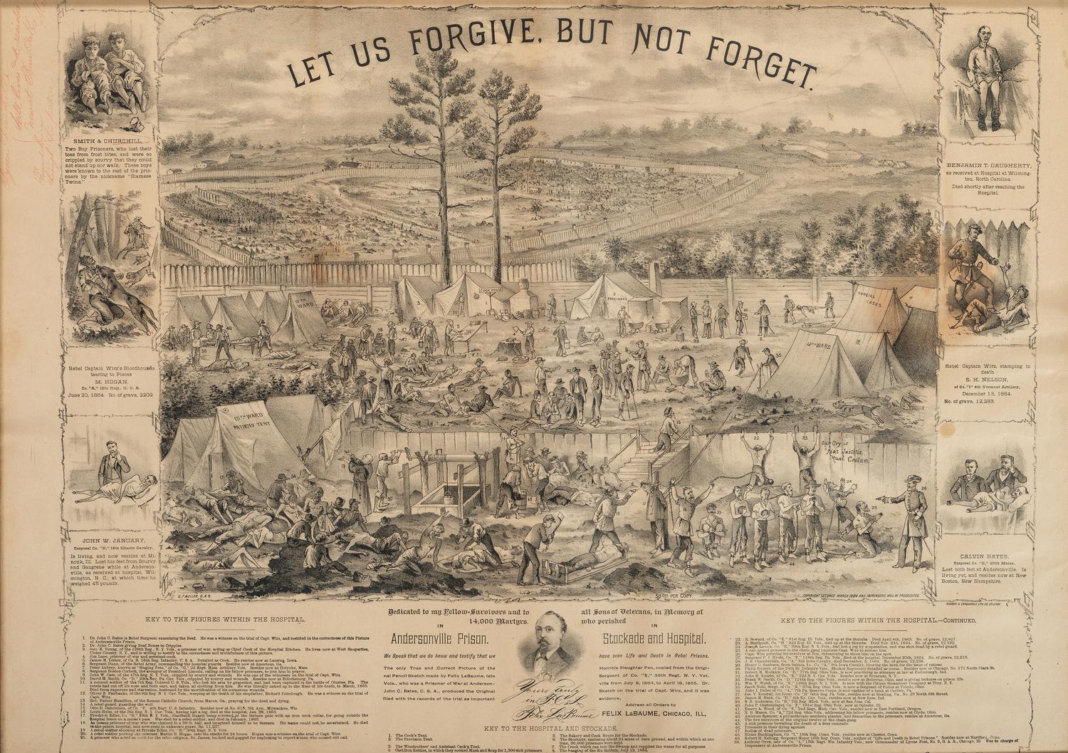 [CIVIL WAR]. KELLER, G.F., artist. SHOBER & CARQUEVILLE, lithographers. Let us Forgive, but not Forget. Andersonville Prison memorial.