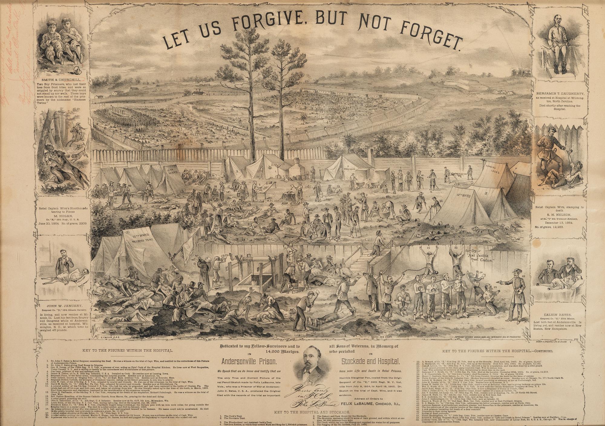 [CIVIL WAR]. KELLER, G.F., artist. SHOBER & CARQUEVILLE, lithographers. Let us Forgive, but not Forget. Andersonville Prison memorial.