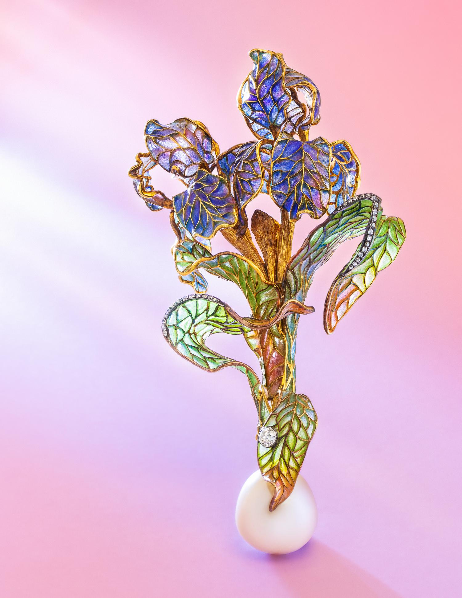 EVELYN CLOTHIER, AN ELEGANT PLIQUE-À-JOUR ENAMEL, DIAMOND AND CULTURED SOUTH SEA PEARL IRIS BROOCH