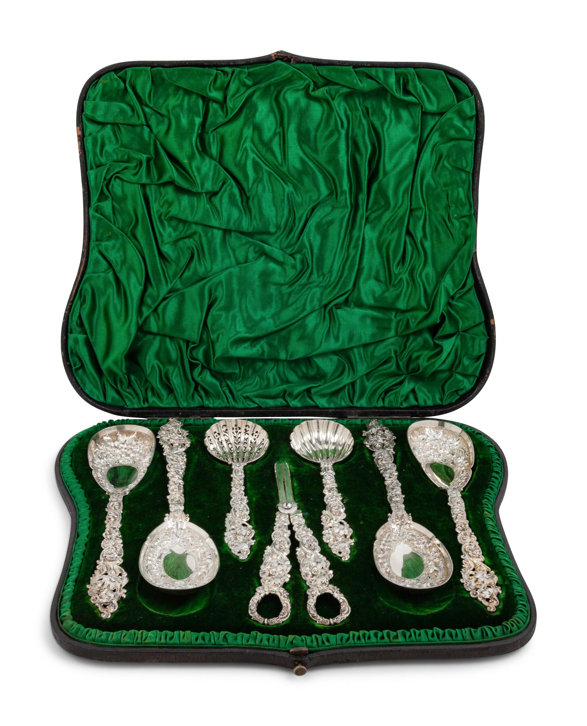 A Victorian Silver-Gilt Seven-Piece Dessert Serving Set