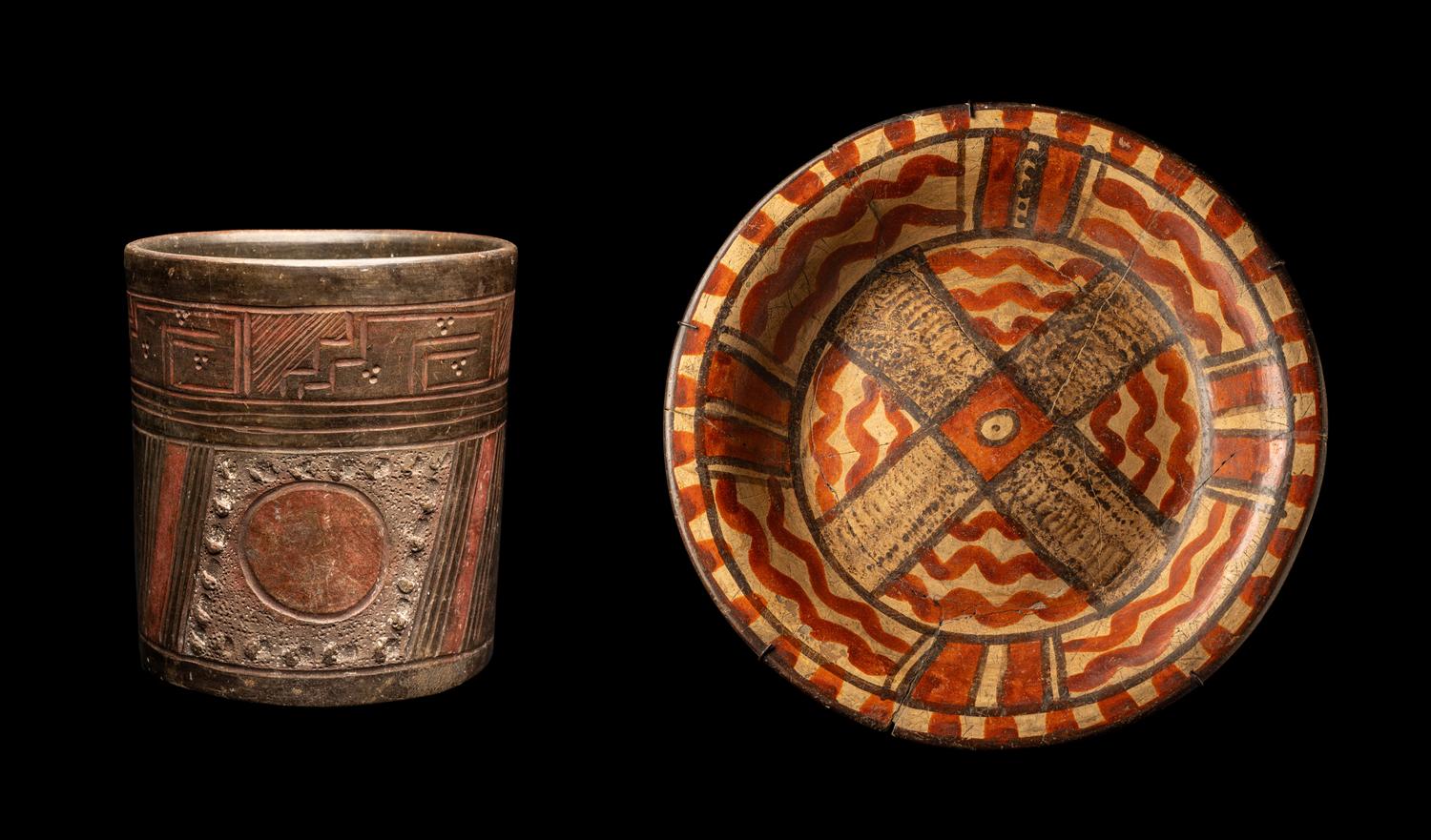 Two Maya Polychrome and Incised Vessels