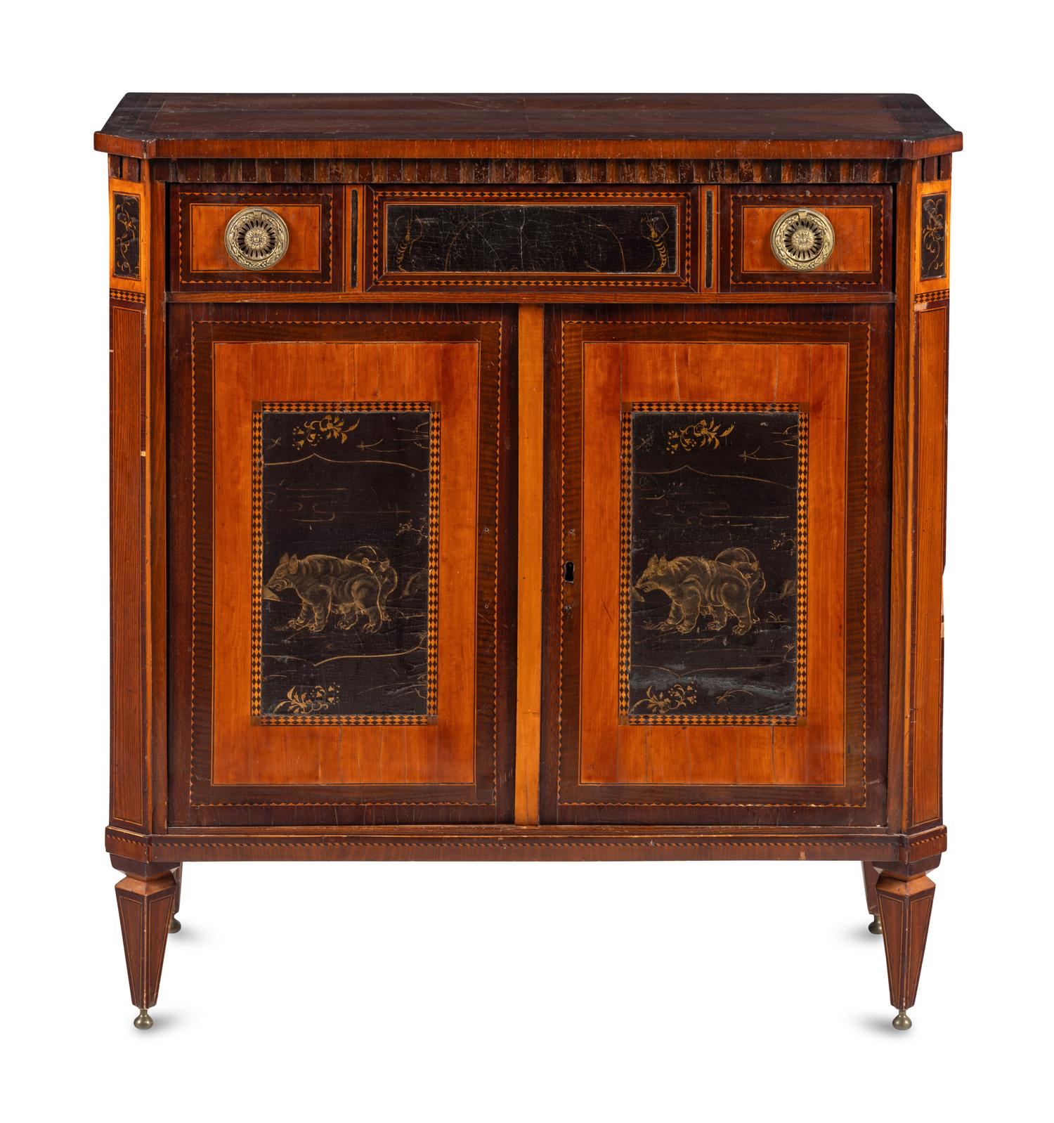 A Regency Lacquer Panel-Inset Mahogany and Marquetry Cabinet