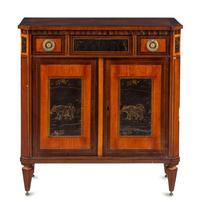 A Regency Lacquer Panel-Inset Mahogany and Marquetry Cabinet