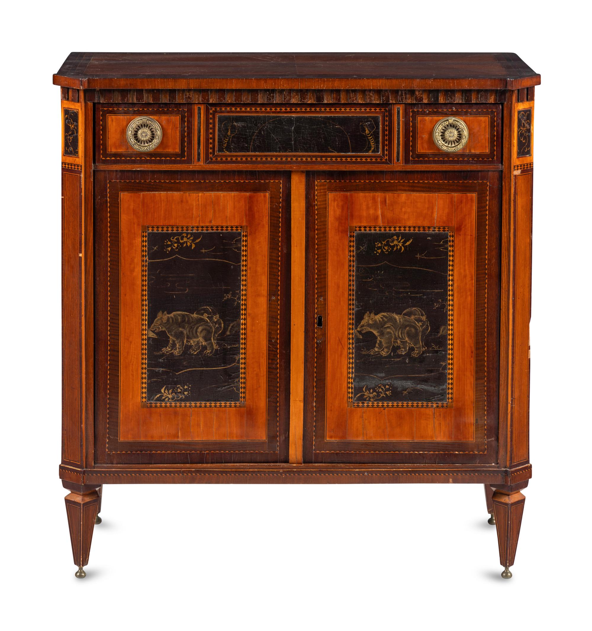 A Regency Lacquer Panel-Inset Mahogany and Marquetry Cabinet