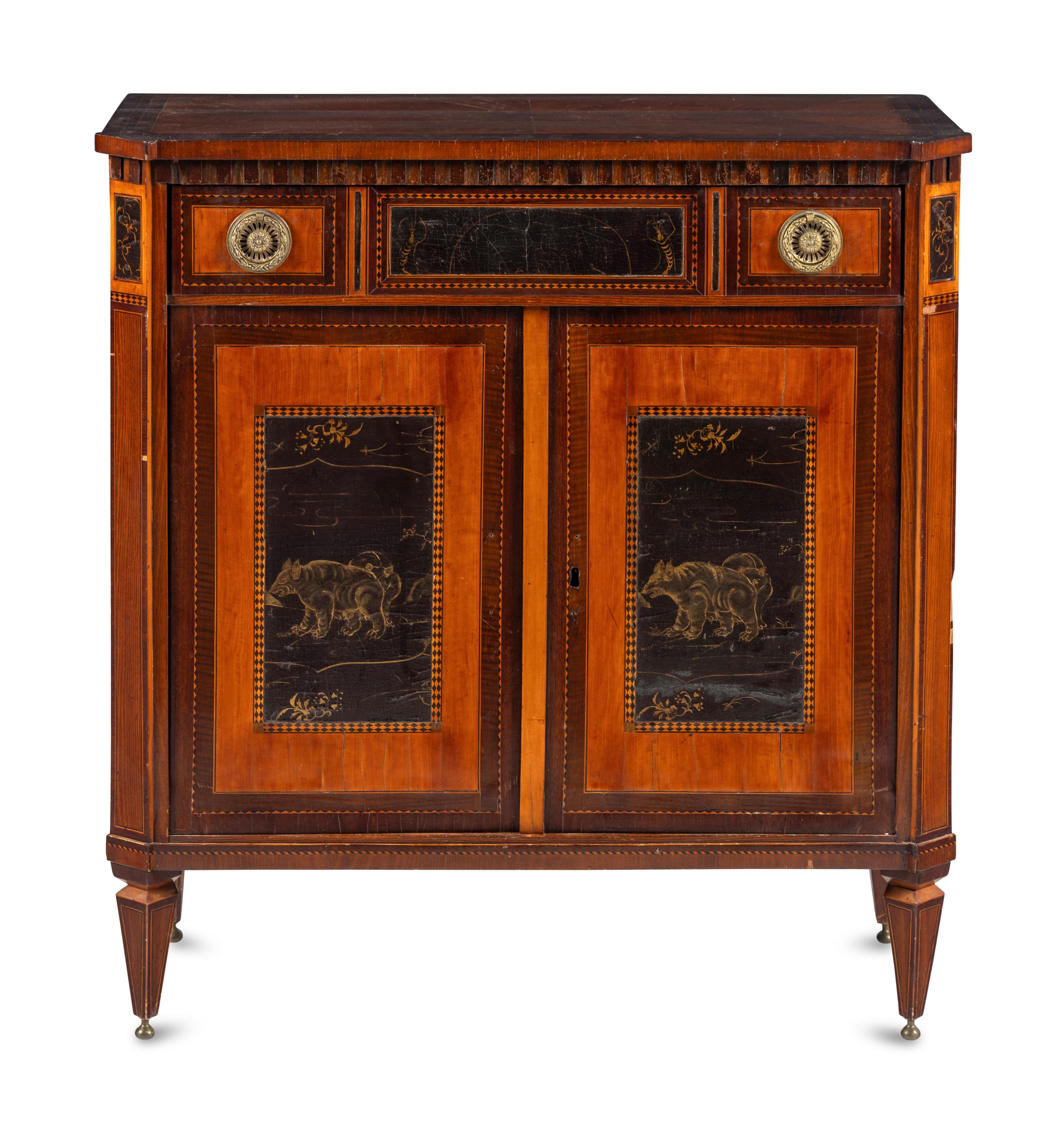 A Regency Lacquer Panel-Inset Mahogany and Marquetry Cabinet