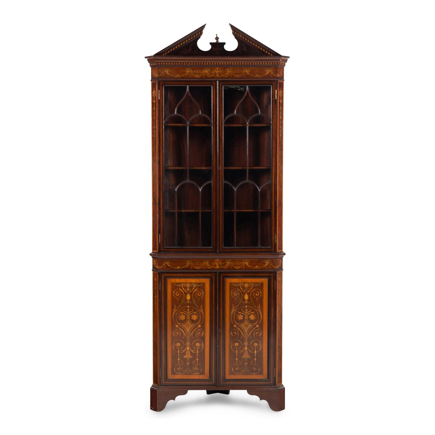 An Edwardian Fruitwood- Inlaid Mahogany Corner Cupboard