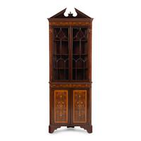 An Edwardian Fruitwood- Inlaid Mahogany Corner Cupboard