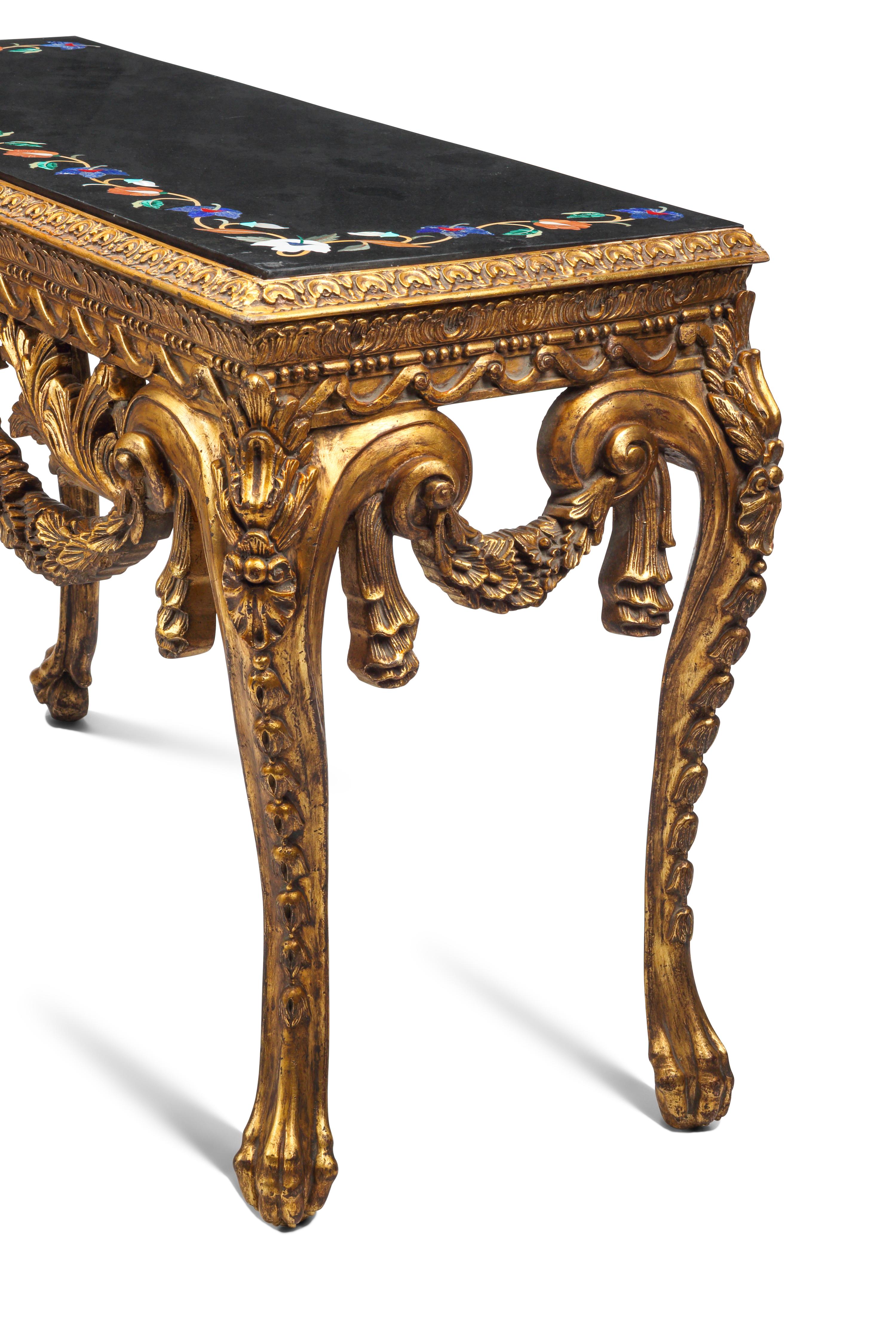 A Pair of English Giltwood Marble-Top Console Tables