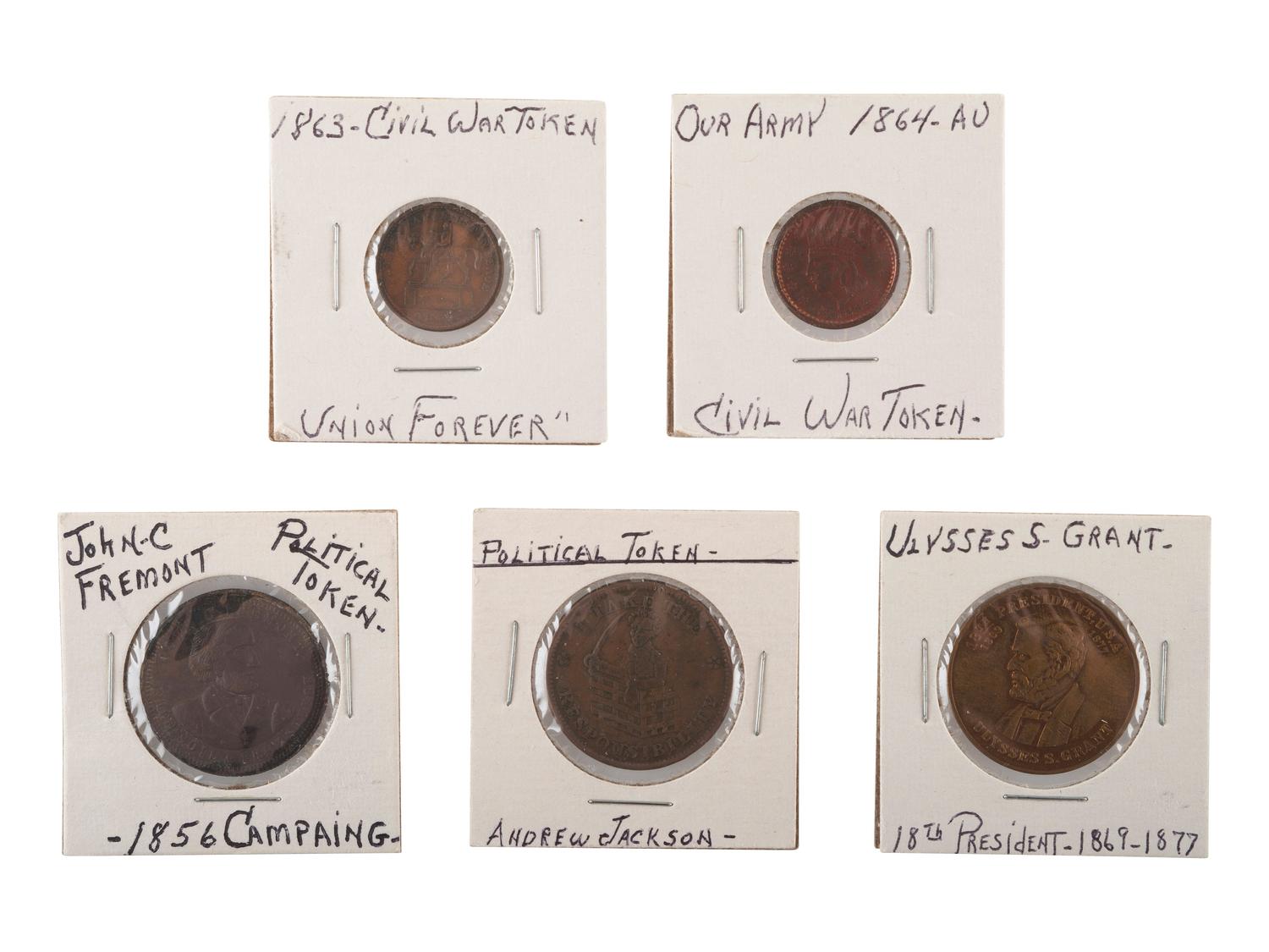 [EXONUMIA]. A group of Lincoln, John C. Frémont, Andrew Jackson, Ulysses Grant, and Civil War-related tokens and medals, comprising:
