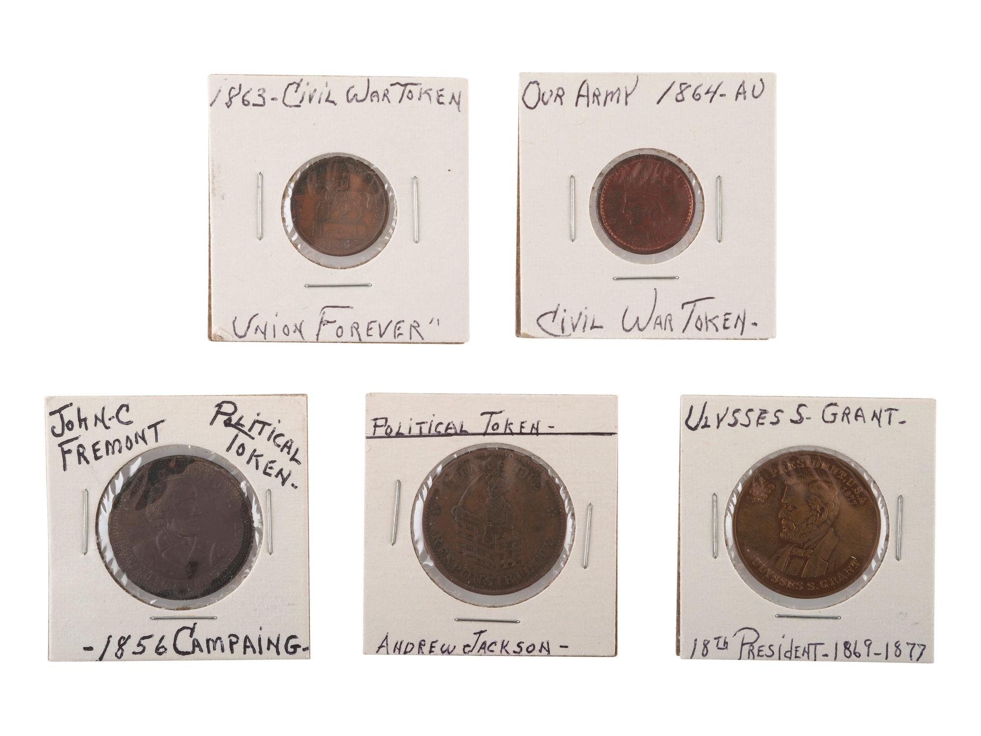 [EXONUMIA]. A group of Lincoln, John C. Frémont, Andrew Jackson, Ulysses Grant, and Civil War-related tokens and medals, comprising: