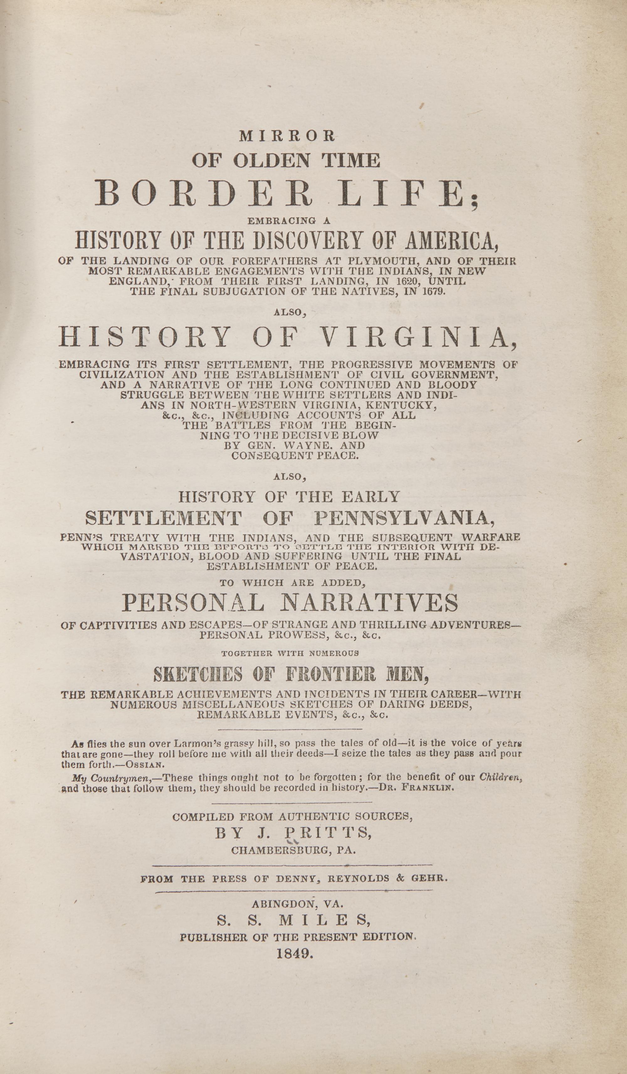 [Americana] Pritts, J. Incidents of Border Life, Illustrative of the Times and Condition of the First Settlements in Parts of the Middle and Western States...
