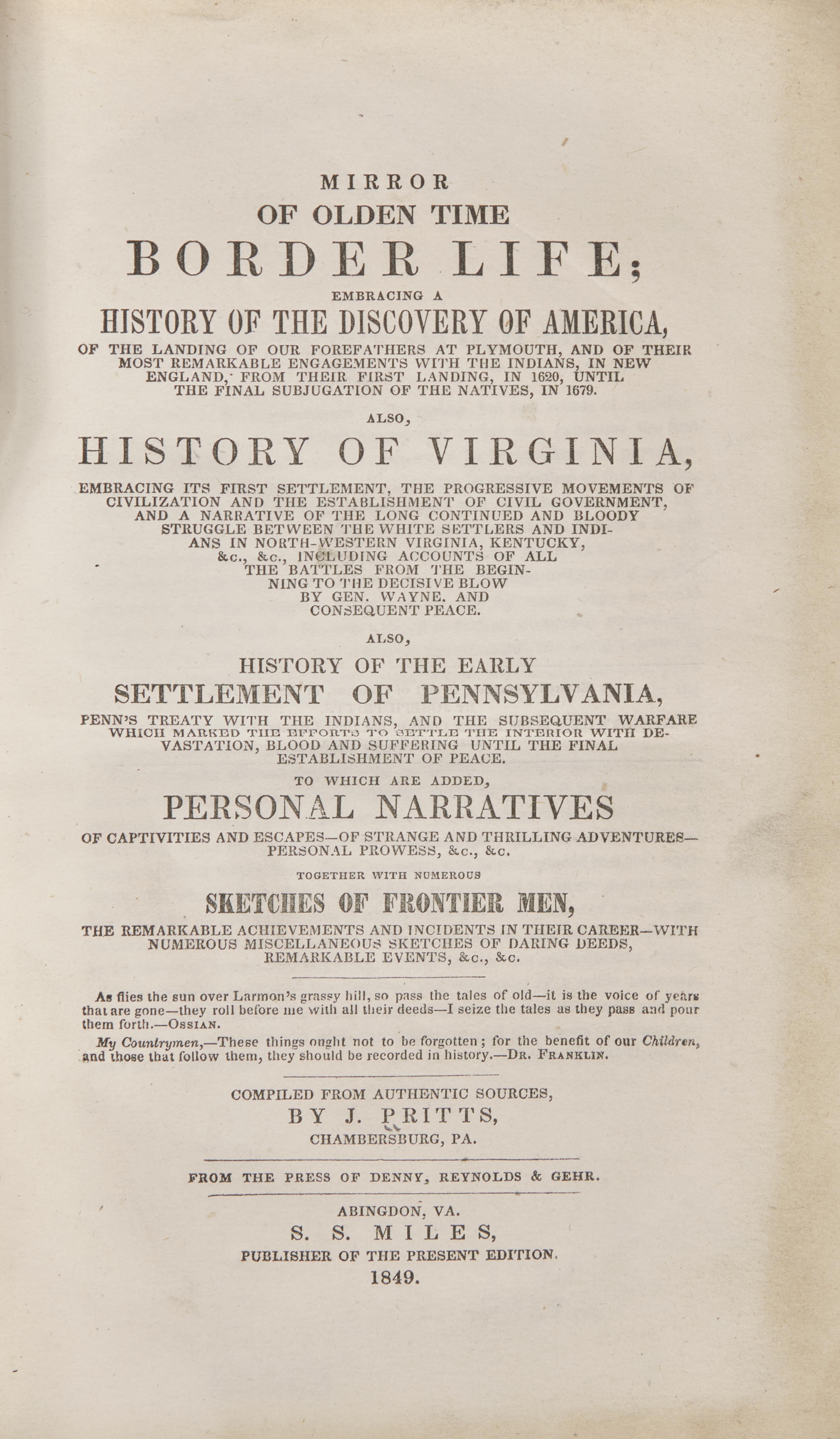[Americana] Pritts, J. Incidents of Border Life, Illustrative of the Times and Condition of the First Settlements in Parts of the Middle and Western States...