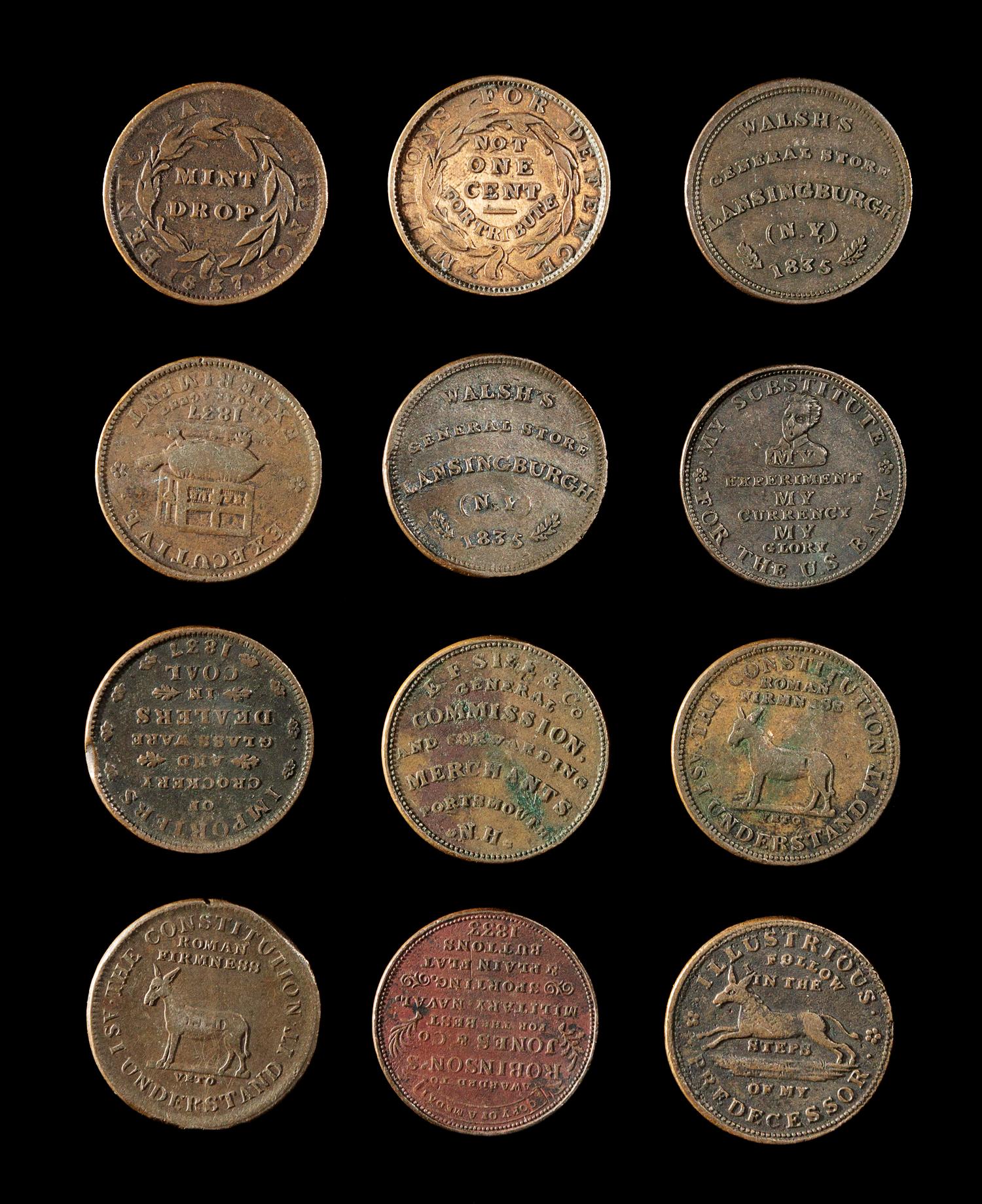A Collection of Twelve American Advertising and Propaganda Tokens