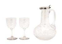 An Etched Glass and Silver Pitcher Height 7 1/4 inches