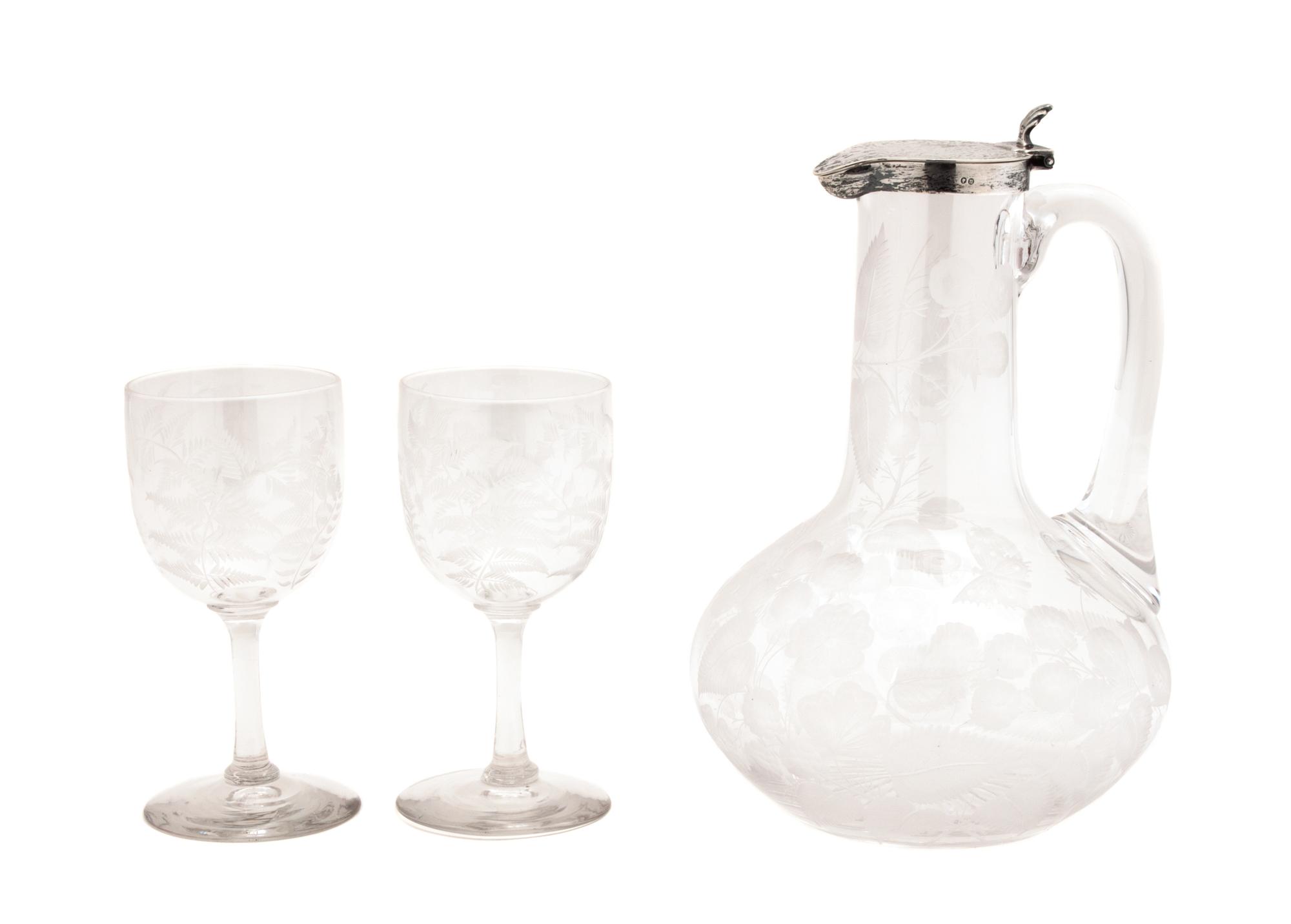 An Etched Glass and Silver Pitcher Height 7 1/4 inches