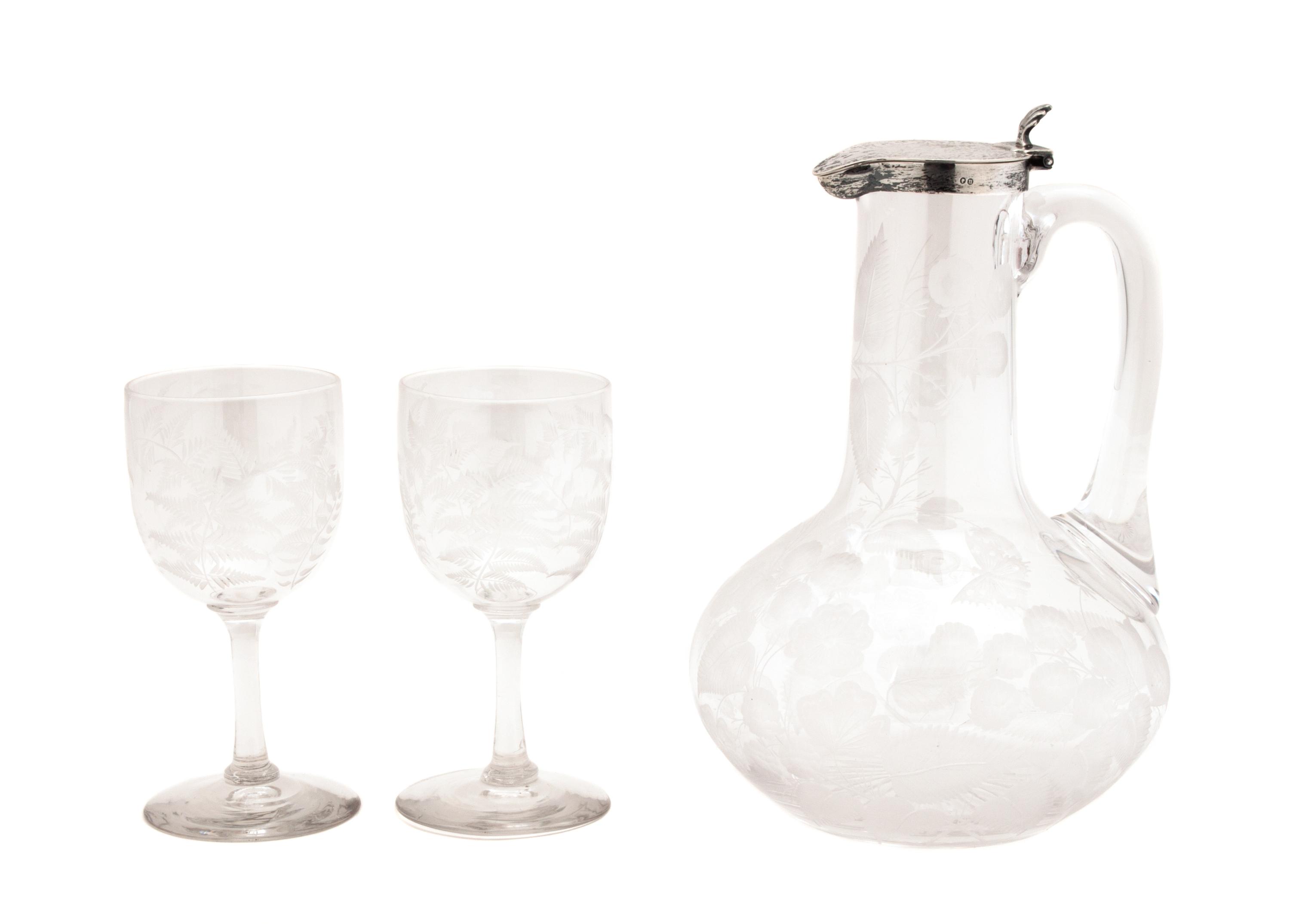 An Etched Glass and Silver Pitcher Height 7 1/4 inches