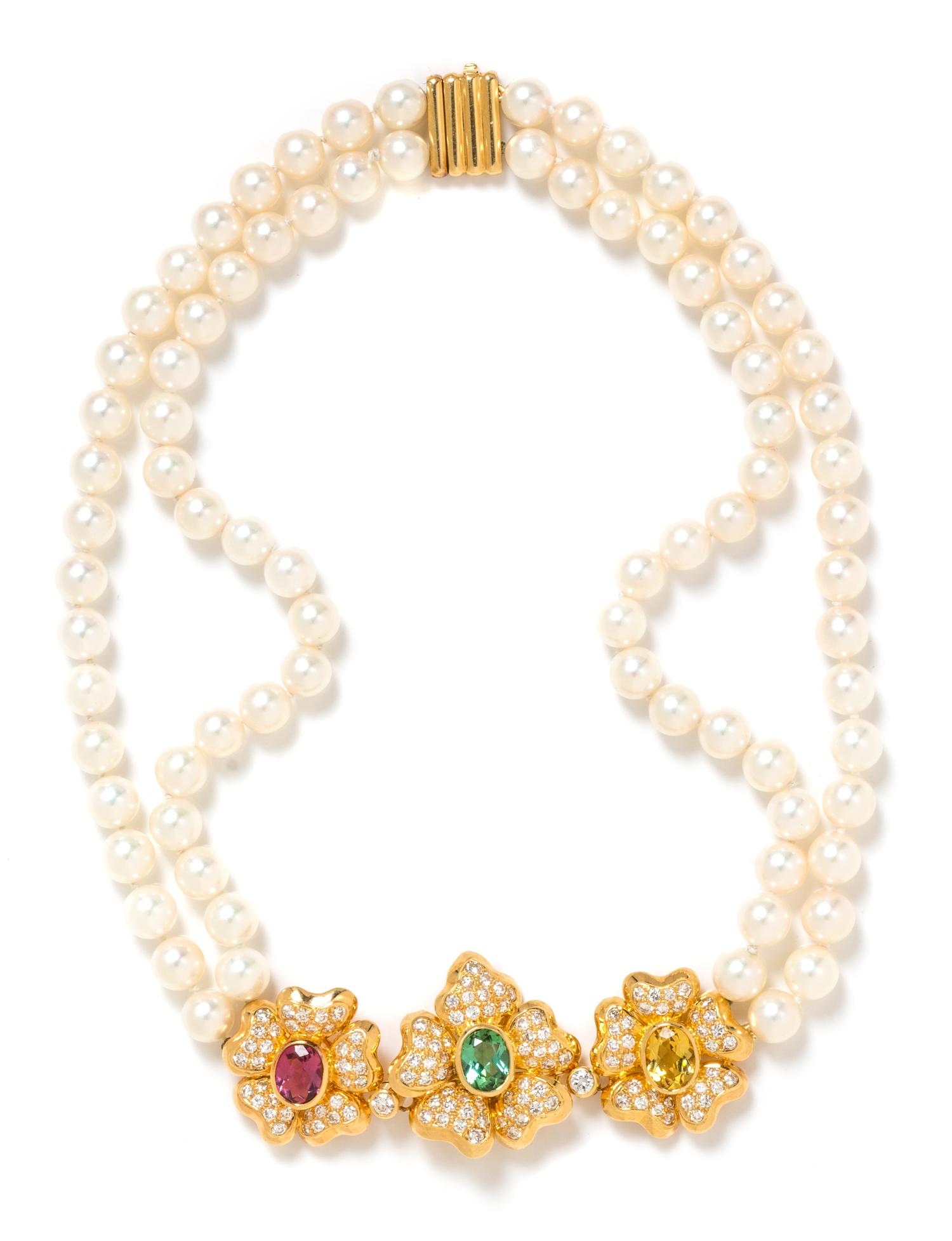 An 18 Karat Yellow Gold, Multigem, Diamond and Cultured Pearl Floral Motif Demi-Parure, 63.20 dwts.