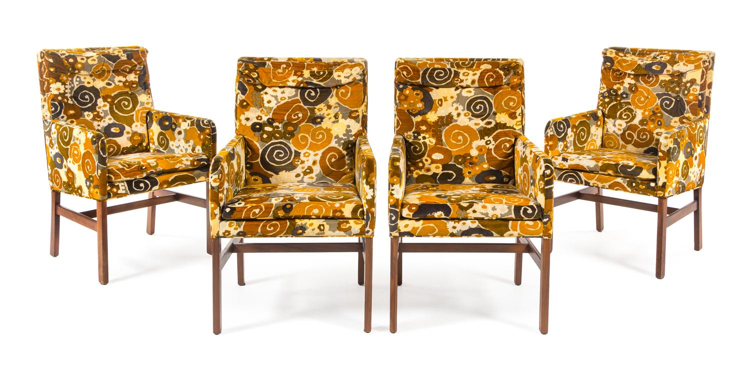 American, c.1960, a set of 4 armchairs, with Jack Larsen fabric