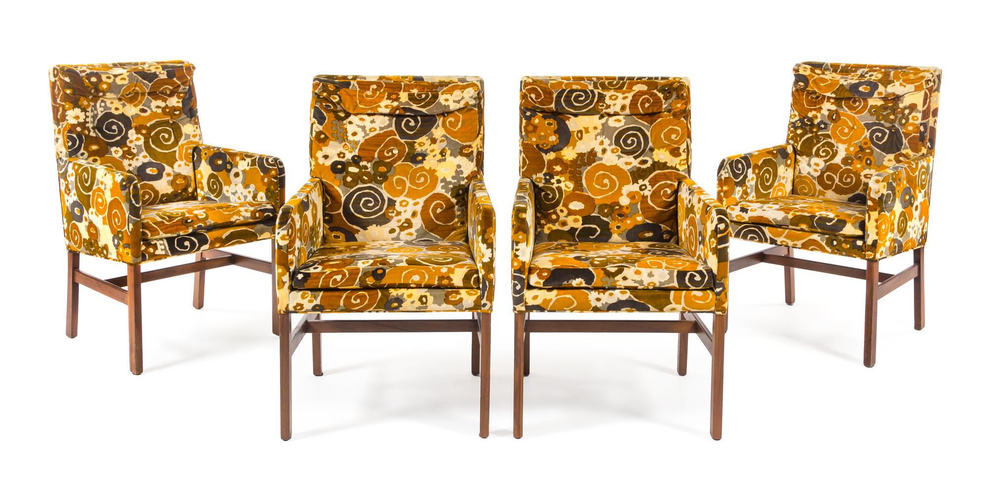 American, c.1960, a set of 4 armchairs, with Jack Larsen fabric