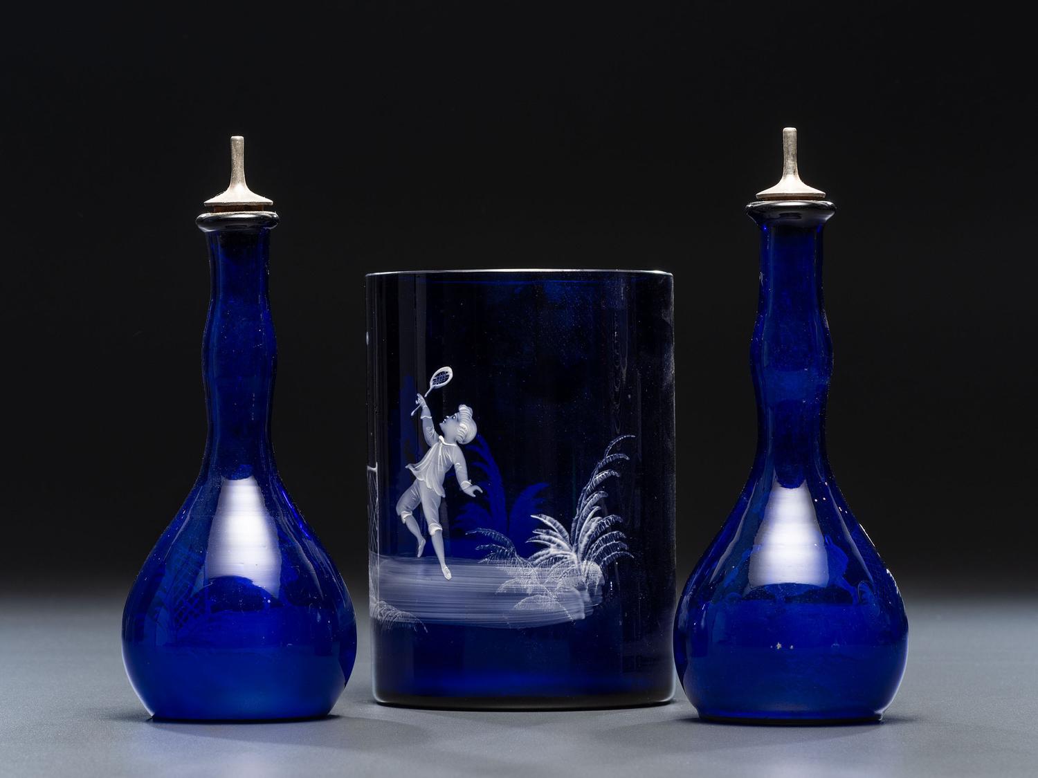 Three 'Mary Gregory' Cobalt Glass Barber Items