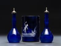 Three 'Mary Gregory' Cobalt Glass Barber Items