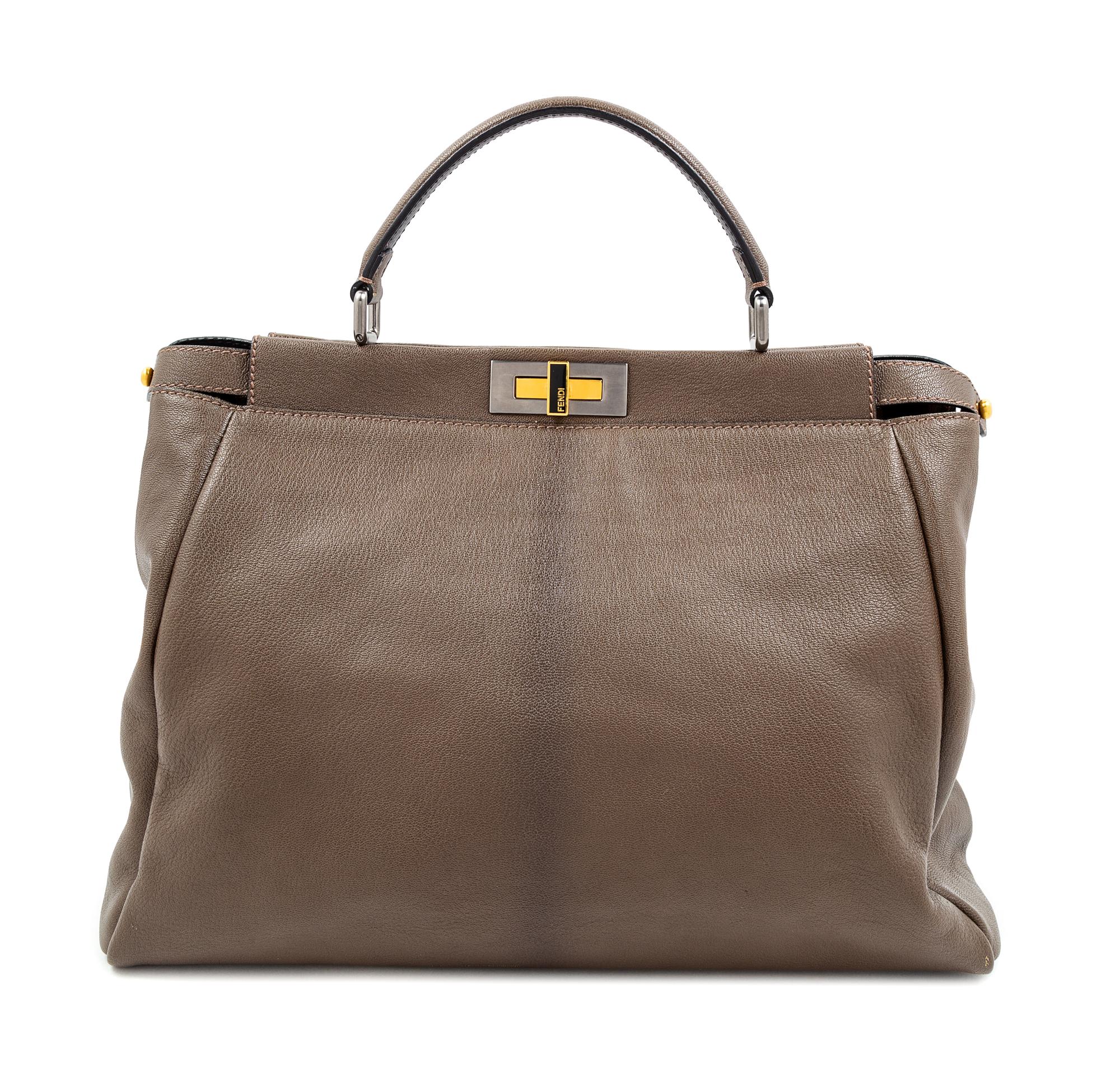 A Fendi Taupe Leather Large Peekaboo Bag, 12.5" H x 15.5" W x 7" D; Handle drop: 5".