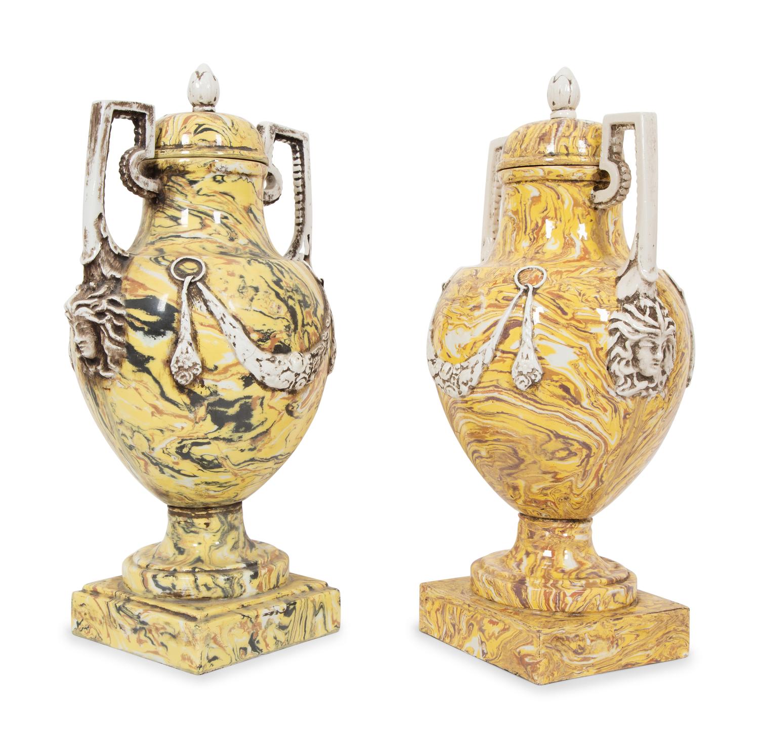 A Pair of Italian Glazed Ceramic Aptware Urns