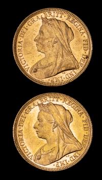 Two United Kingdom 1895-M Sovereign: Veiled Head-Melbourne Mint Gold Coin