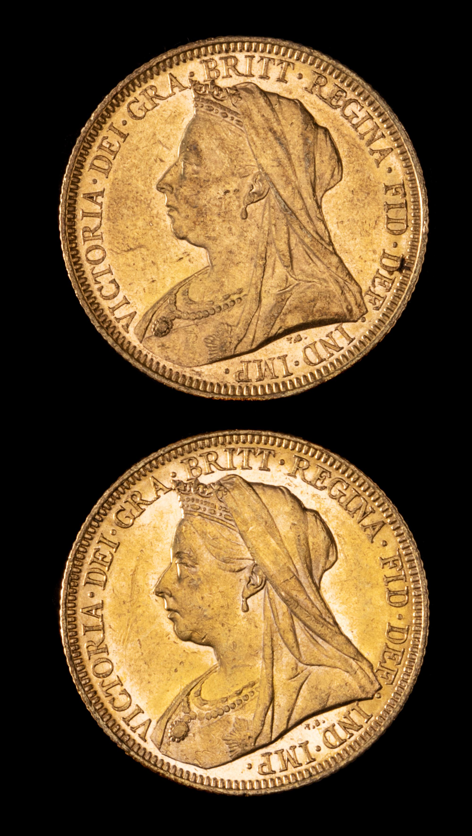 Two United Kingdom 1895-M Sovereign: Veiled Head-Melbourne Mint Gold Coin