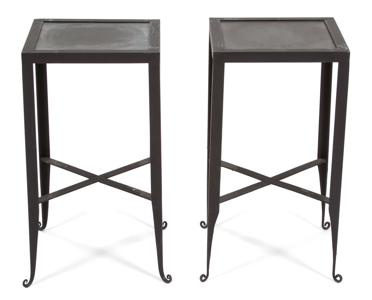 A Pair of Wrought Iron Side Tables Height 22 1/4 x width 12 x depth 12 inches. — 20TH CENTURY