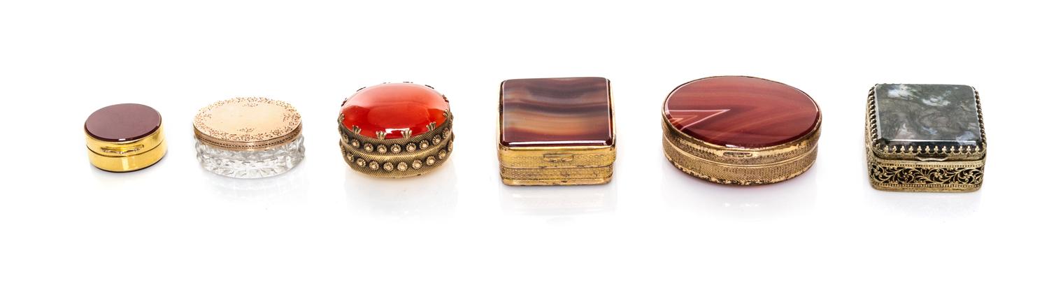 A Collection of Six Hardstone Inset Boxes, 19th/20th Century, comprising three oval, two square and one round.