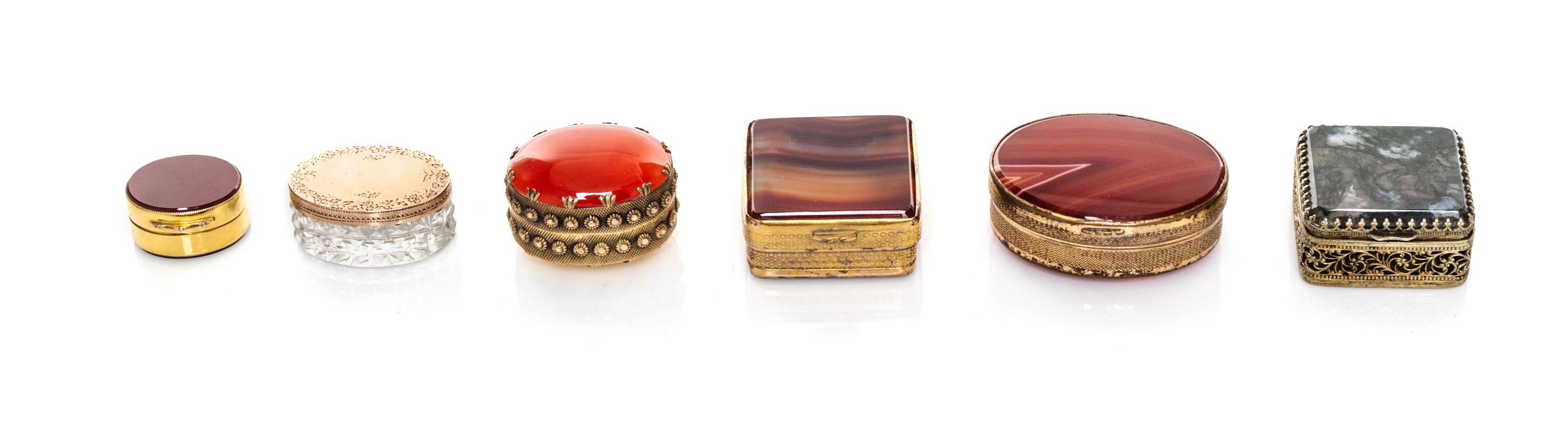 A Collection of Six Hardstone Inset Boxes, 19th/20th Century, comprising three oval, two square and one round.