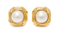 A Pair of 18 Karat Yellow Gold and Mabe Pearl Earclips, 13.30 dwts.