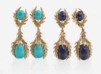 A Set of Matching 14K Yellow Gold and Organic Gemstone Earrings