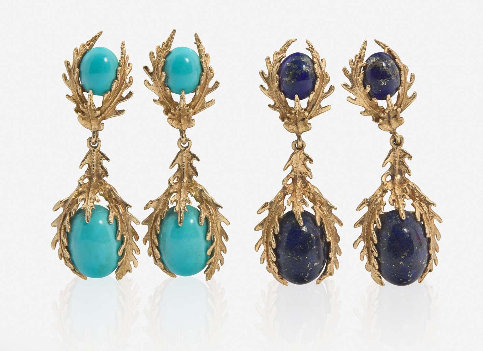 A Set of Matching 14K Yellow Gold and Organic Gemstone Earrings