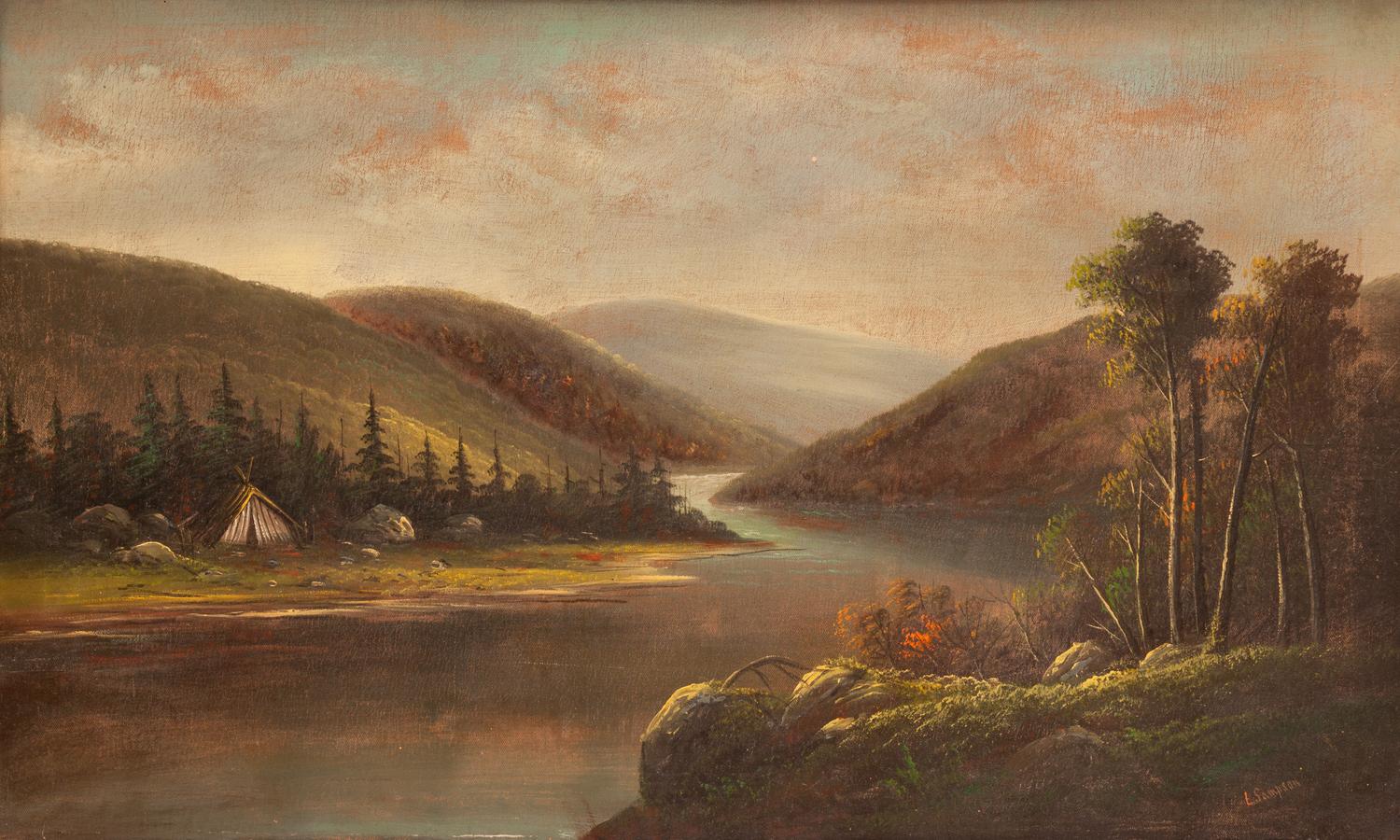River Encampment Scene with Teepee