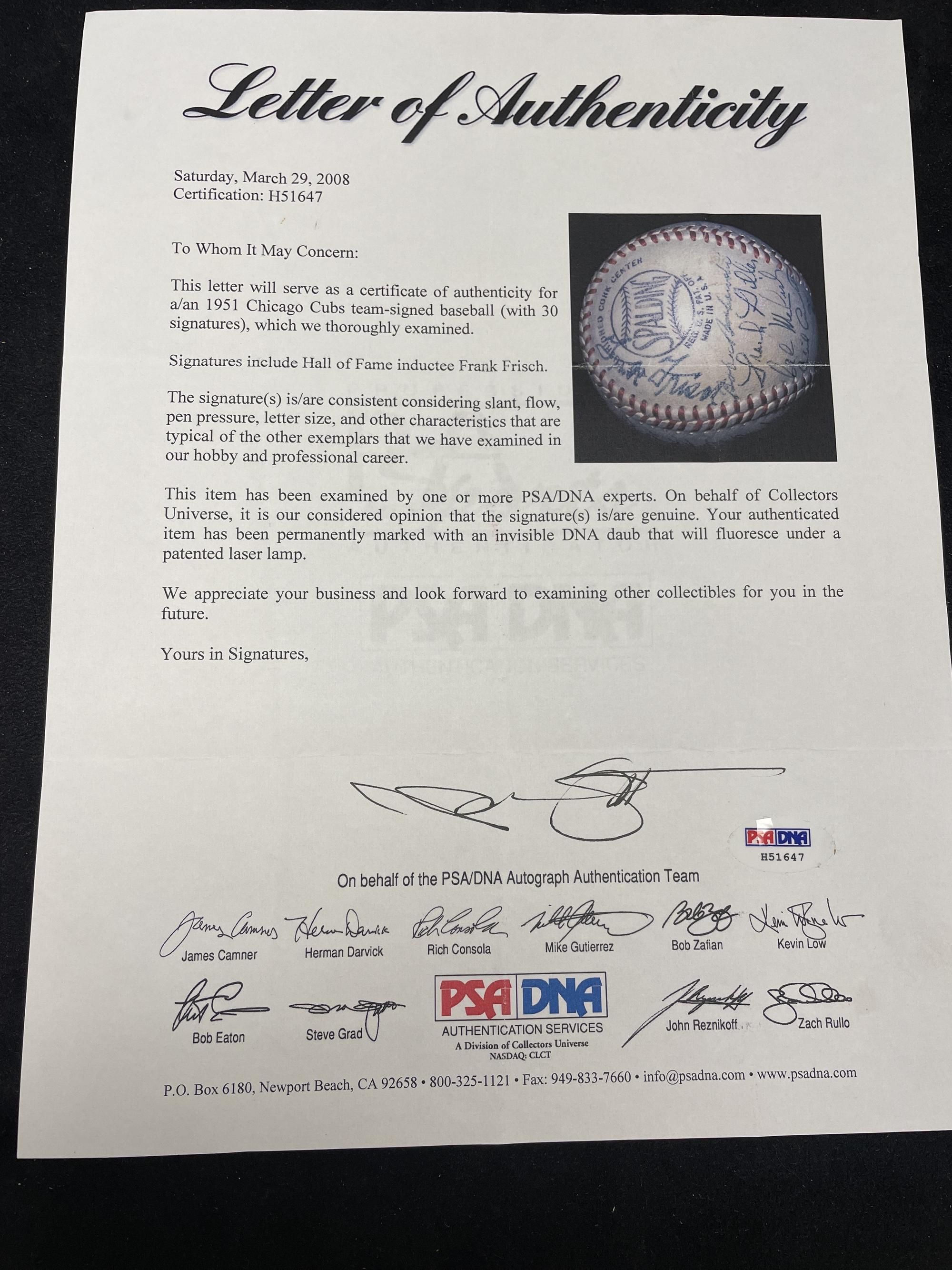 A 1951 Chicago Cubs Team Signed Autograph Baseball Featuring Frank Frisch (PSA Letter of Authenticity),